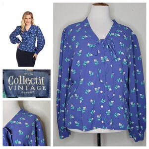 Collectif Vintage London Blue Floral Tie Neck Long Sleeve‎ Peplum Blouse Top 4XL